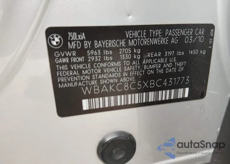 2011 BMW 750Li xDrive z USA, uszkodzony, nr VIN WBAKC8C5XBC431773